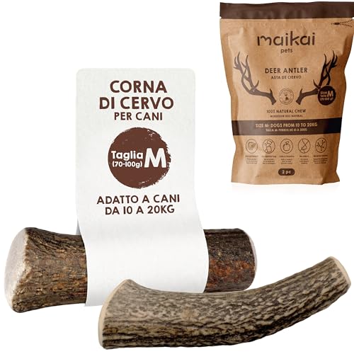 MAIKAI Confezione da 2 Corna di Cervo per Cani Grandi M – Masticativo Naturale Senza Punta – Osso Sicuro Antitartaro – Giocattolo Antistress Resistente – Snack Lungo Durata - Regali per Cani