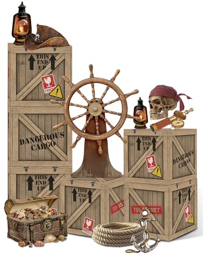 KARAQY Pirate Party Decorations 10 Inch Imitation Wooden Boxes with Pirate Treasure Chest Trunk or Treat Car Decor Kit for Birthday Halloween Adventure Party Photo Booth Props