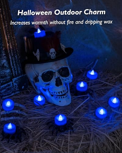 Image of merrynights Flameless Candles, 12 Pack Tea Lights Candle Battery Operated, LED Tealight Votives, Realistic Tea Lights for Halloween Christmas Party Decor -D 1.5 inch x H 1.25 inch -Blue Light