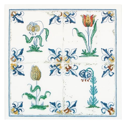 Image of Thea Gouverneur - Counted Cross Stitch Kit - Antique Tiles Flowers - Aida - 18 Count - Embroidery Kit for Adults - DMC Embroidery Threads and Other Cross Stitch Supplies Included - 485A