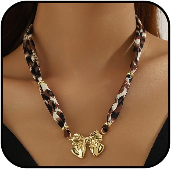 Scarf Necklace with Charm Gold Chunky Heart Starfish Pendant Necklace Boho Satin Fabric Leopard Choker Necklaces Bohemian Summer Beach Holiday Jewelry