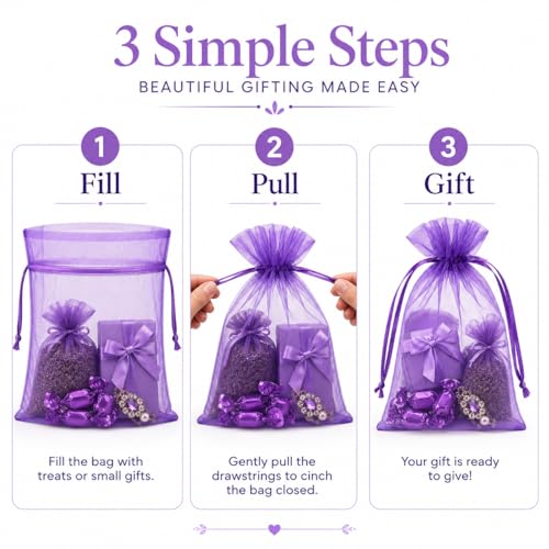 Image of Hopttreely Purple Organza Bags 5x7in, 50PCS Sheer Drawstring Gift Bags, Sheer Mesh Jewelry Pouches, Lavender Wedding Party Festival Gift Bag Candy Pouches for Mother's Day, Holiday Gifts, and Craft Fairs