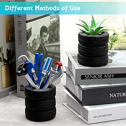 Zonon 6 Pcs Novelty Tool Pens Set with 2 Pcs Tire Shaped Pen Holder Writing Ballpoint for Man Desk Home Office Gift Accessories Organizer Tire Succulent Cactus Planter Pot Decoration