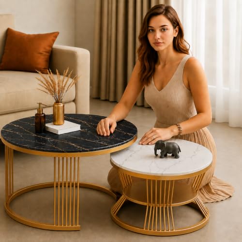 Image of Brown Art SHOPPEE Round Coffee Table Home Decor Furniture Coffee Table Sets,2 Piece MDF Top,Stacking Nesting Table with Iron Frame for Living Room Living Room or Lounge (Gold & White, Black)