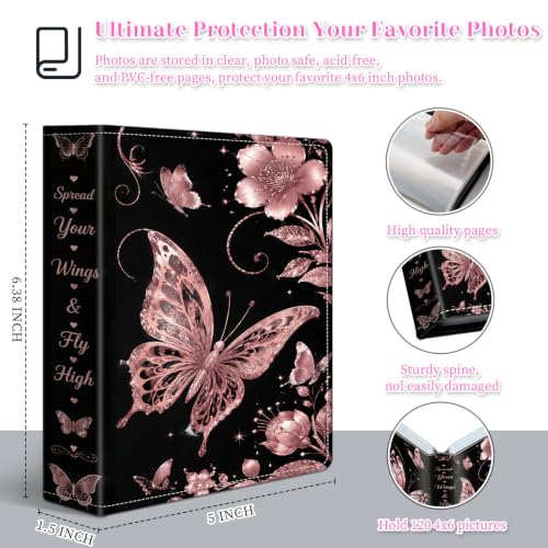 Image of Photo Album 4x6 120 Pockets Rose Gold Butterfly Floral