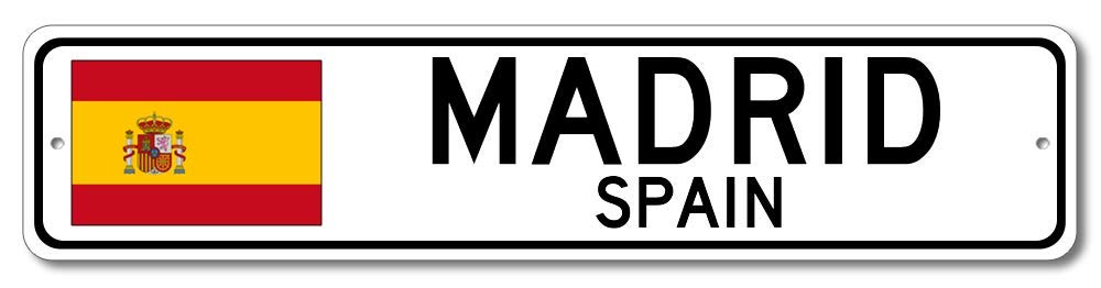 Madrid, Spain - Spanish Flag Street Sign - Metal Novelty Sign, Sign, Man Cave Street Sign, Spain City Sign, Bar and Pub Wall Decor - 4x18 inches