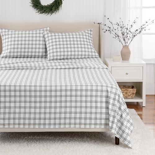 Image of Martha Stewart - Flannel Sheets Queen Size, Anti-Pilling & Wrinkle Resistant Cotton, Touchably Soft for All-Season Comfort - Bed Sheets with Matching Pillowcases & Fitted Sheet (Holiday Windowpane)