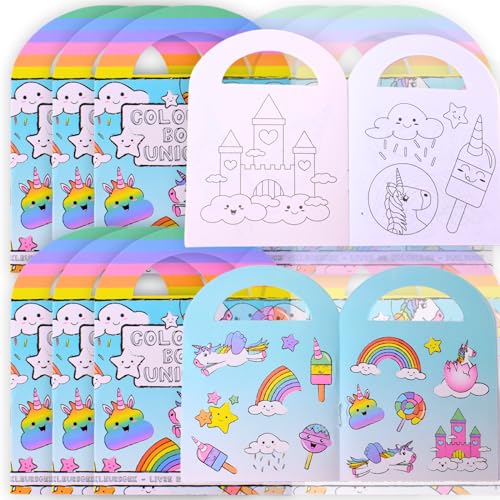 TE-Trend Lot de 12 mini blocs de coloriage pour enfants - Avec 15 autocollants chacun - Idéal comme petit cadeau ou souvenir - Set de bloc de peinture licorne