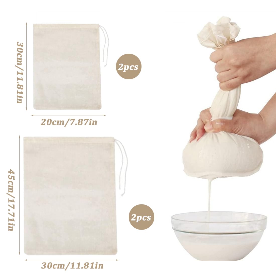 Bolsas de Leche de Nuez Reutilizables 100% Algodón 4 Piezas 20x30 30x45 cm