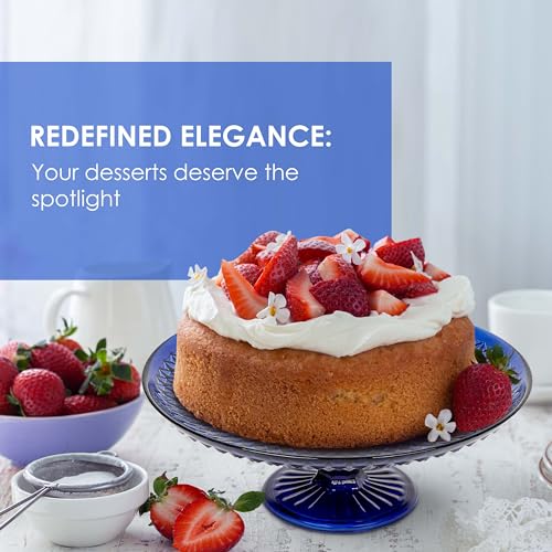 Amici Home Diamond Footed Glass Cake Stand | Round Vintage Style Cake Plate | Serving Platter for Cupcakes, Cookies | Dessert Display Stand for Parties, Weddings, and Gift | 10” D x 3.7” H (Cobalt)