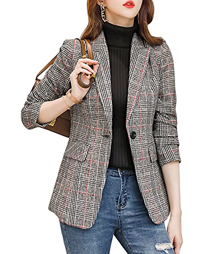 Womens Plaid Blazer Classic Notch Lapel Button Long Sleeve Slim Checker Jacket Outwear