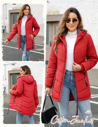 Yuson Girl Wintermantel Damen Warm Steppjacke Parka Lang Mantel Winter Jacke mit Kapuze Herbst Winter Steppmantel Outdoorjacke Elegant Kapuzenmantel mit Zipper, Tasche(Rot, L)