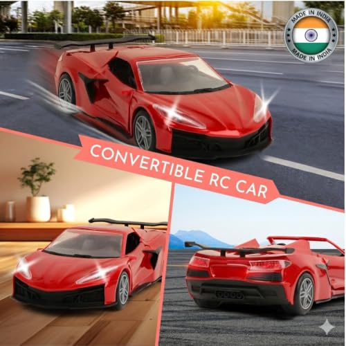 Image of Convertible Remote Control Car for Kids | Rechargeable RC Car with 2+ Hours Playtime | Manually Openable Doors & Roof | Made in India (Candy Red)