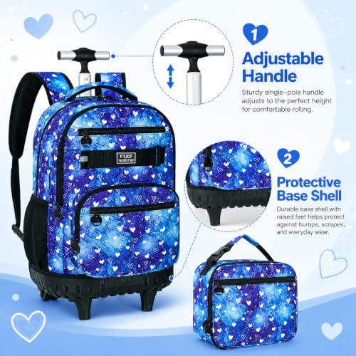 Image of 3Pcs Rolling Backpack for Girls Women, Travel Roller Backpacks with Wheels for Adults, Teens College Love Polka Dots Wheeled Bookbag with Lunch Box(Blue)