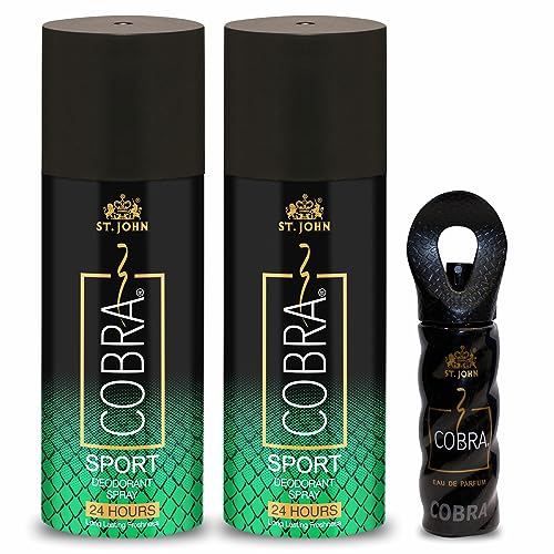 ST. JOHN COBRA Body Perfume Spray For Men & Women | Long Durable Fragrance Deo Sports 150 ml Pack of 2 and Cobra Perfume 15ml (Pack for 3)