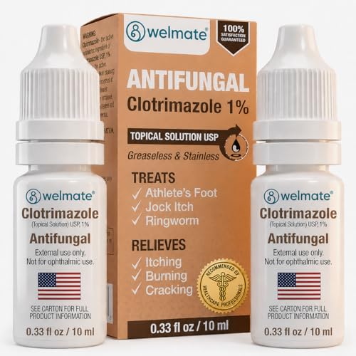 WELMATE Clotrimazole 1% Antifungal Drops 2 Pack 0.33 fl oz Each - Athletes Foot Jock Itch & Ringworm Treatment Fast-Acting Greaseless Non-Staining Relieves Itching Burning & Cracked Skin