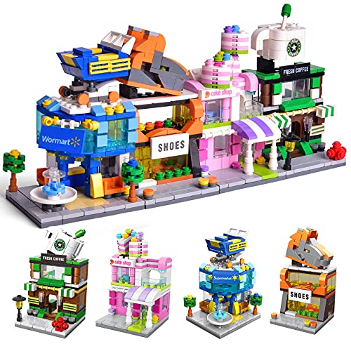 FUN LITTLE TOYS Mini City Building Bricks Set, Street Townhouse Building Blocks Toy with Floral Shop, Supermarket, Shoes Shop, CafÃ© Shop, for Kids, 4 Boxes