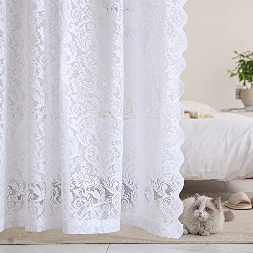 ALIGOGO Lace Curtains 96 inches Long-French Country Lace Sheer Curtains Farmhouse Floral Window Panel for Old House Set of 2, 52 W x 96 L Inch,White