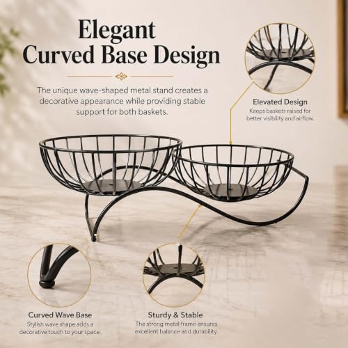 Image of Go Hooked Metal Dual Fruit Basket for Kitchen Counter & Dining Table | Decorative Wire Fruit Bowl with Curved Base | Multipurpose Storage Basket for Fruits, Bread, Snacks & Tabletop (L47xW18xH17) cm