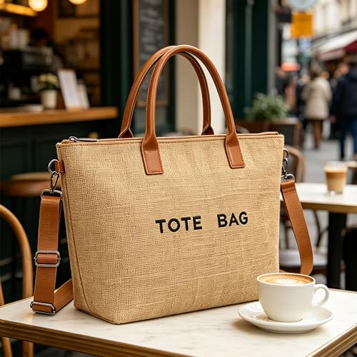 Image of GISMTR Large PVC Tote Bag for Women Letters Print Handbags Kraft Paper Shoulder Bag for Work Travel