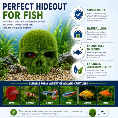 Image of VAYINATO Moss Skull Aquarium Decoration - Resin Hollow Hideout Cave for Betta, Shrimp & Small Fish | Natural Moss Look Tank Ornament | Safe & Durable Aquascaping Decor