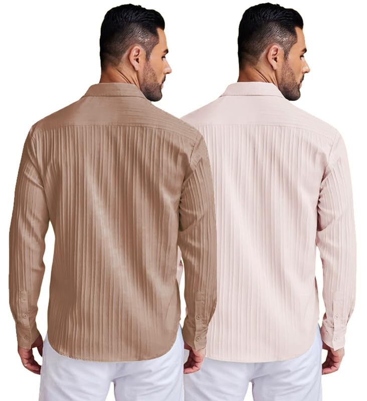 Image of DEELMO Combo of Men's Casual Button Down Shirts Long Sleeve Linen Shirt Fashion Textured Summer Shirts Pack of 2