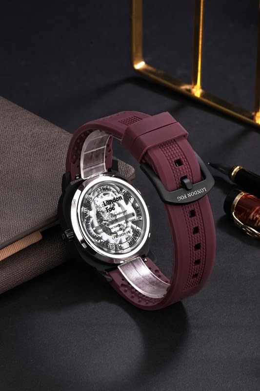 Image of London Fog Strand Collection Skeleton Style Quartz Watch for Men with Cushion Shaped Case, Date Display, Luminous Hands & Baton Hour Markers and Perforated Silicone Strap - LFM10026