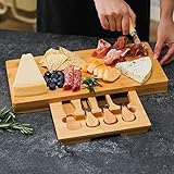 Best Goods Tabla para Cortar Queso – Tabla para Queso de Madera de bambú, frutero, Cuchillo y Tenedor, para Vino, Queso, Carne, Frutas, Verduras (39,4 x 19 x 3,4 cm)