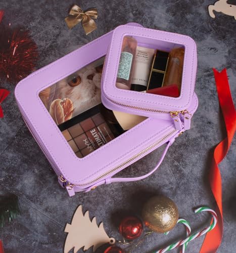 Image of LETGO Clear Mahjong Tile Bag Set,Large Capacity Clear Toiletry Bag for Women Travel Makeup Bag,Vegan Leather Cosmetic Pouch Car Bag for Essentials(Mini+Large Purple)
