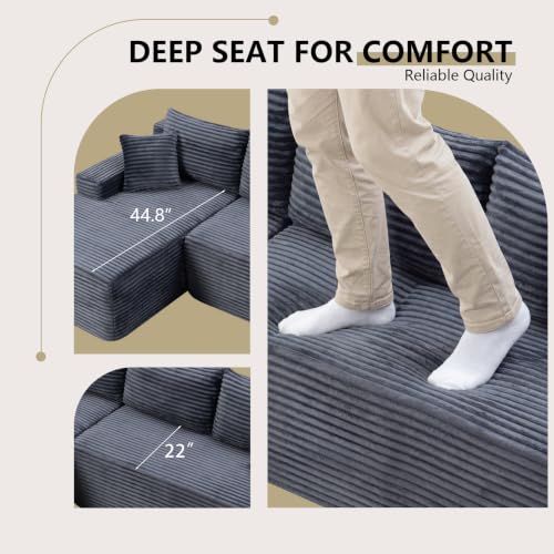 Image of 94.5 inch L Shaped Boneless Sectional Corduroy Couches for Living Room (Gray)