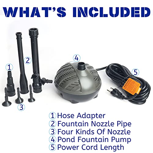 WaterRebirth HSP1600N Versatile Submersible Pump with Fountain Jets - for Aquariums, Ponds, Fountains, Turtle Tanks - 396GPH