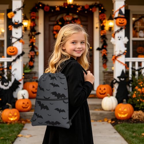 Image of Halloween Bat Drawstring Backpack, Gothic Black Grey Waterproof Drawstring Bag, Large Capacity Durable String Sackpack, Cinch Sackpack for Yoga Sport Beach Gym Shopping