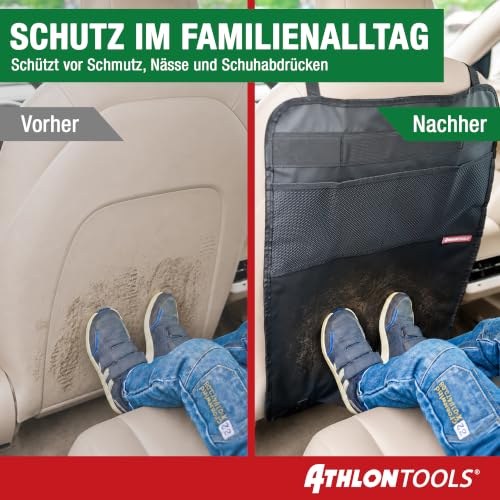 ATHLON TOOLS Rückenlehnen-Schutzmatte beschichtet, Rückenlehnenschutz Auto Kick-Matte, verstärkt - mit Netztaschen - schmutzabweisend, pflegeleicht und wasserabweisend