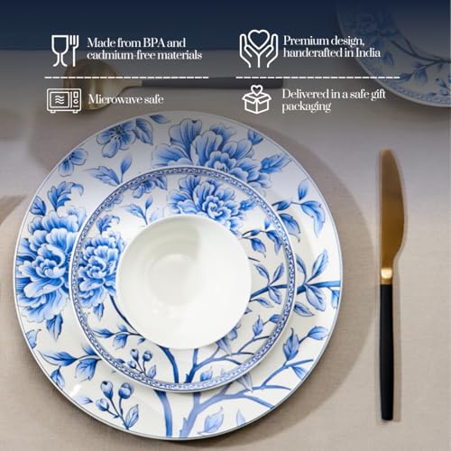 Image of GOLDEN QUEEN'S Handcrafted Dinner Plates: Set of 2 | Perfect for Hosting and Daily Meals | Microwave Safe Plates | 10.5 inch | Serves 2 - Sapphire Bloom Dinner Plates