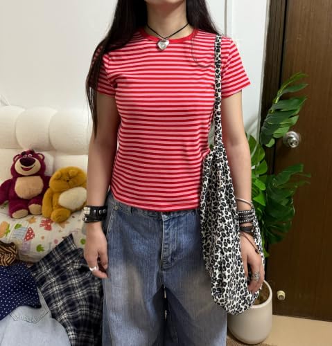 Image of Cute Striped Graphic Tees for Women Y2k Short Sleeve Preppy Teen Crop Tops