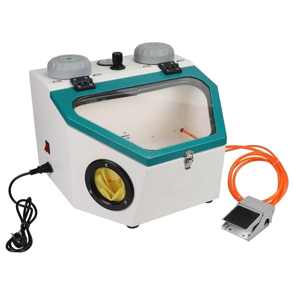 Cabina de Chorro de Arena de sobremesa, máquina de Chorro de Arena Dental de Doble Pluma con luz LED e Interruptor de pie, presión de Aire Ajustable, Panel de Vidrio de Pantalla Ancha