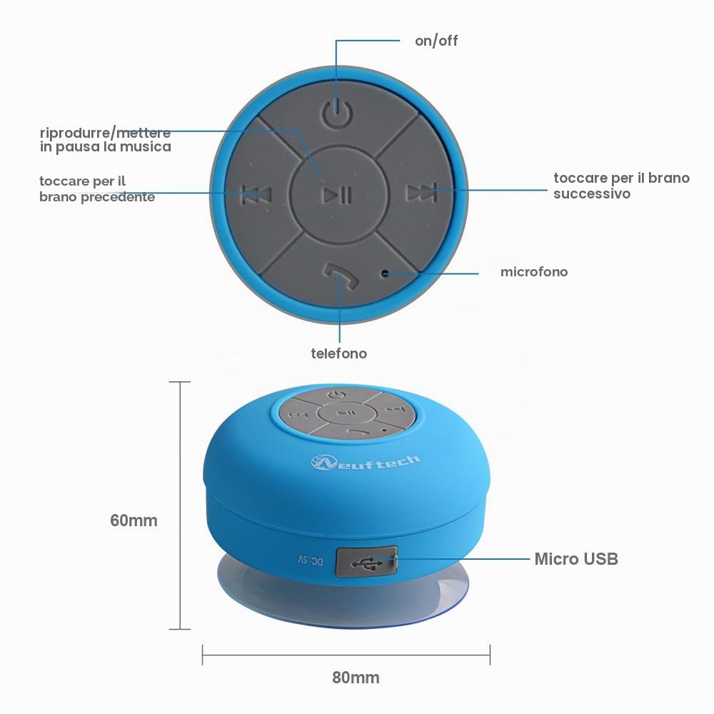 bluetooth Cassa Altoparlante Impermeabile da Doccia - Wireless Speaker Waterproof Con Microfono Integrato Per Smartphone iphone,Samsung, HTC, Mp3 Player ecc - Azzurro