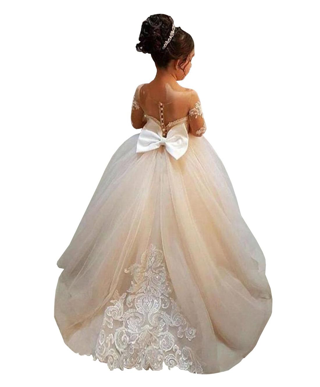 GU ZI YANG White Ivory Lace Long Sleeve Flower Girl Dresses Princess Gown Pageant Dress GZY202