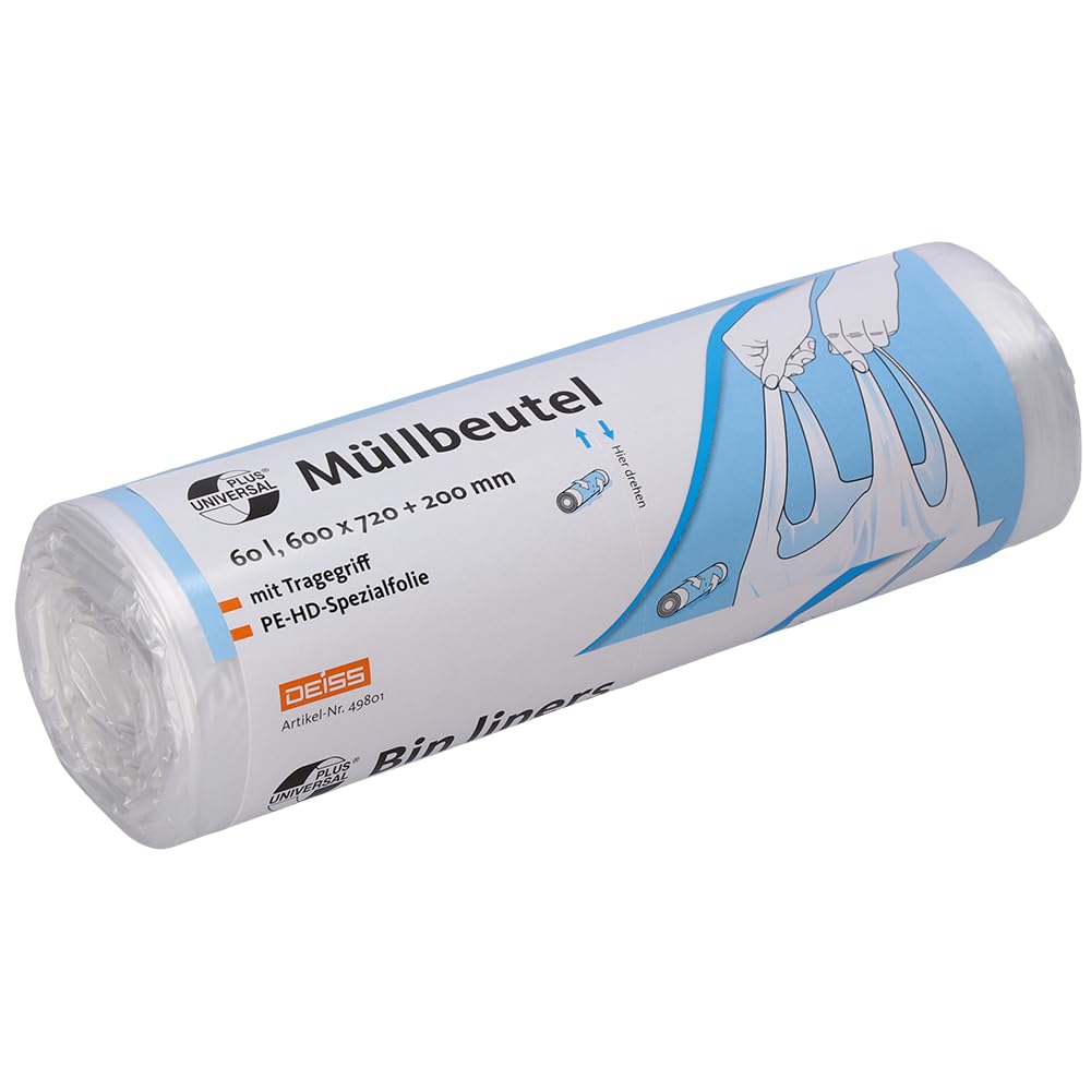 Universal Plus Bin Liners, Carry Handle, 60 L, Pack of 20