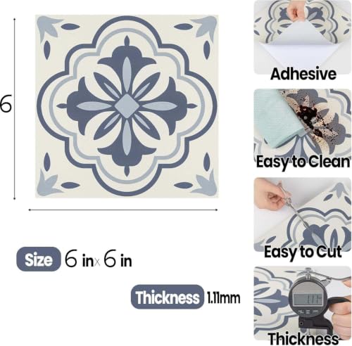Image of Moroccan Tile Stickers | Waterproof Self Adhesive Peel & Stick Tile Decals for Kitchen Backsplash, Bathroom Wall, Floor, Furniture & Glass (6x6 Inch, Design 57)