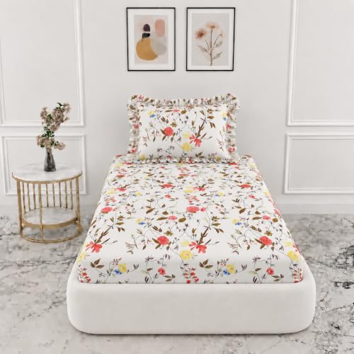 Image of VOMZER Single Size (36x72) 300 TC Soft Cotton Feel Microfiber All Around Elastic Fitted Single Bedsheet with 1 Frill Pillow Covers | White Leaf