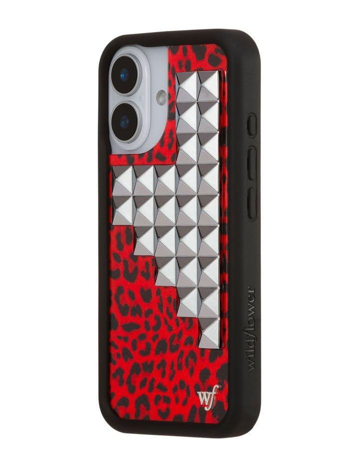 Image of Wildflower Cases - Compatible with iPhone 16 | Protective Black Bumper, 6.5ft Drop Test Certified, Women Owned Small Business | Red Leopard Original Silver | Stud Pyramid Collection - Red Meow