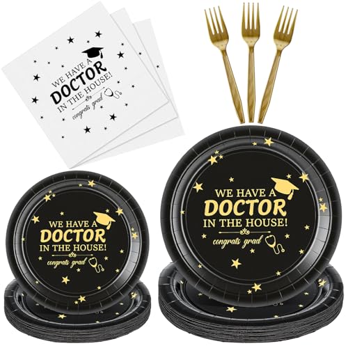 Remerry 96 Pcs/24 Set 2026 We Have a Doctor at Home Tableware Set Including Disposable Paper Plates Napkins and Forks Doctor Graduation Supplies Class of 2026 Medical School Graduation Party Supplies