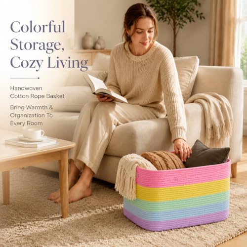 Image of 22.8GAL Extra Large Collapsible Laundry Basket for Dirty Clothes,Shoes, Sturdy Portable Aesthetic Boho Heavy Duty Wicker Hamper for Living Room Thow Pillows Blankets Storage Organizer,Rainbow Pastel