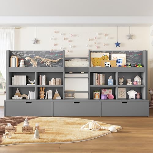 Image of Twin XL Size Low Loft Bed for Kids with Storage Shelves, Play Curtain & Chalkboard,Space-Saving Design,No Box Spring Needed (Gray-TX)