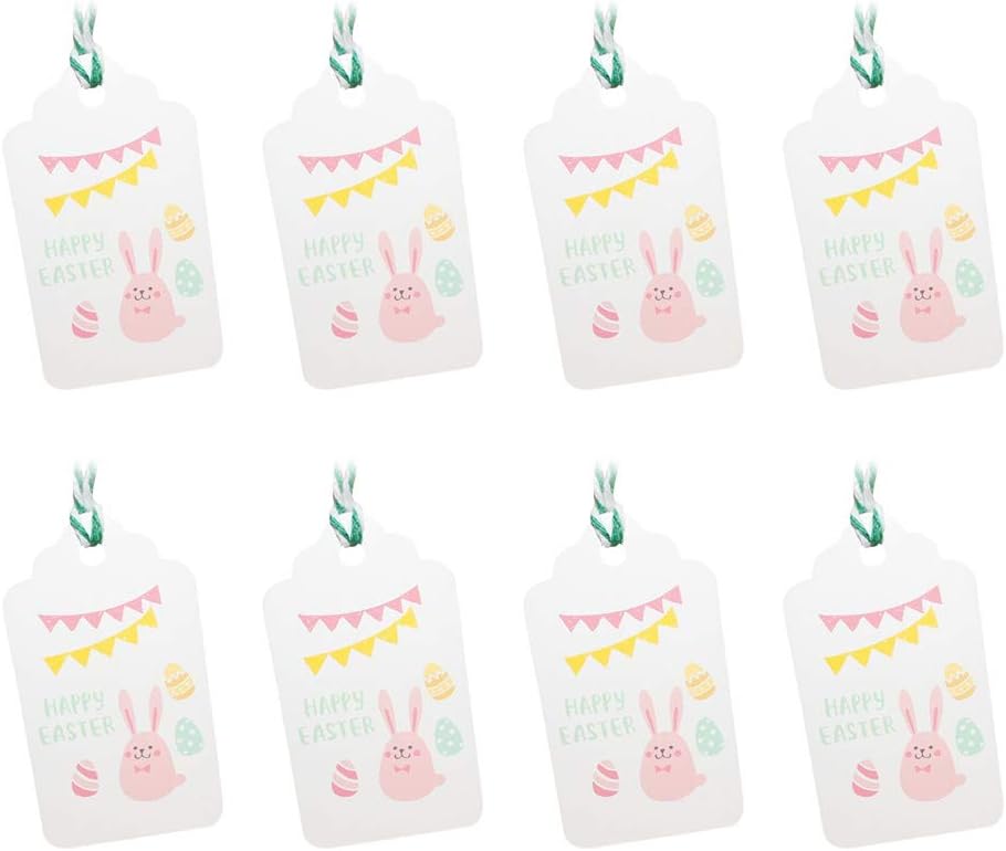 100pcs Happy Easter Tag, Easter Bunny Card Paper Hang Tags with Twine, Easter Cartoon Printed Tags Easter Party Supplies (Bunny)