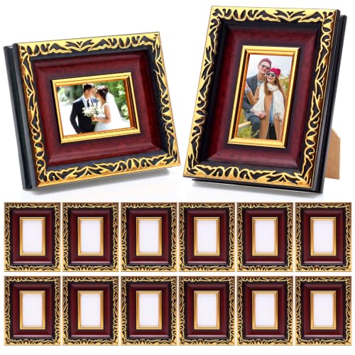 Image of 12 Pack 2 x 3 Inch Mahogany Gold Small Picture Frames Bulk | Vintage Resin Mini Antique Ornate Retro Baroque Photo Frames for Wall Hanging Tabletop Home Decor Wedding Christmas Display