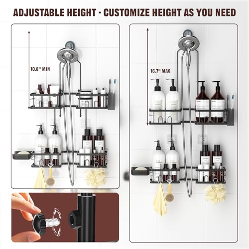 REINHARDT Adjustable Shower Caddy Hanging Rustproof Shower Caddy for Handheld Showerheads, Shower Organizer with Hooks Soap Holder Toothbrush Holder, Anti-Swing Shower Rack Bathroom Accessories, Black - Image 3