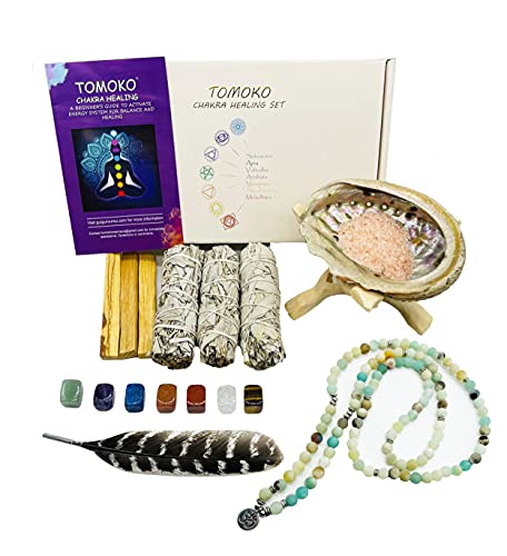 White Sage Chakra Healing Kit - 3 White Sage, 3 Palo Santo, Abalone Shell, Wooden Tripod Stand, Chakra Stone, Bracelet, Feather, Himalayan Salt & Smudging Guide! (Turquoise)