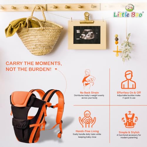 Image of LittleBoo New Born Baby Carrier Bag 4-in-1 Adjustable Baby Sitting Carrier Bag - Front & Back Carry with Head Support, Safety Belt & Buckle Straps for 0-24 Months (Black-Orange)